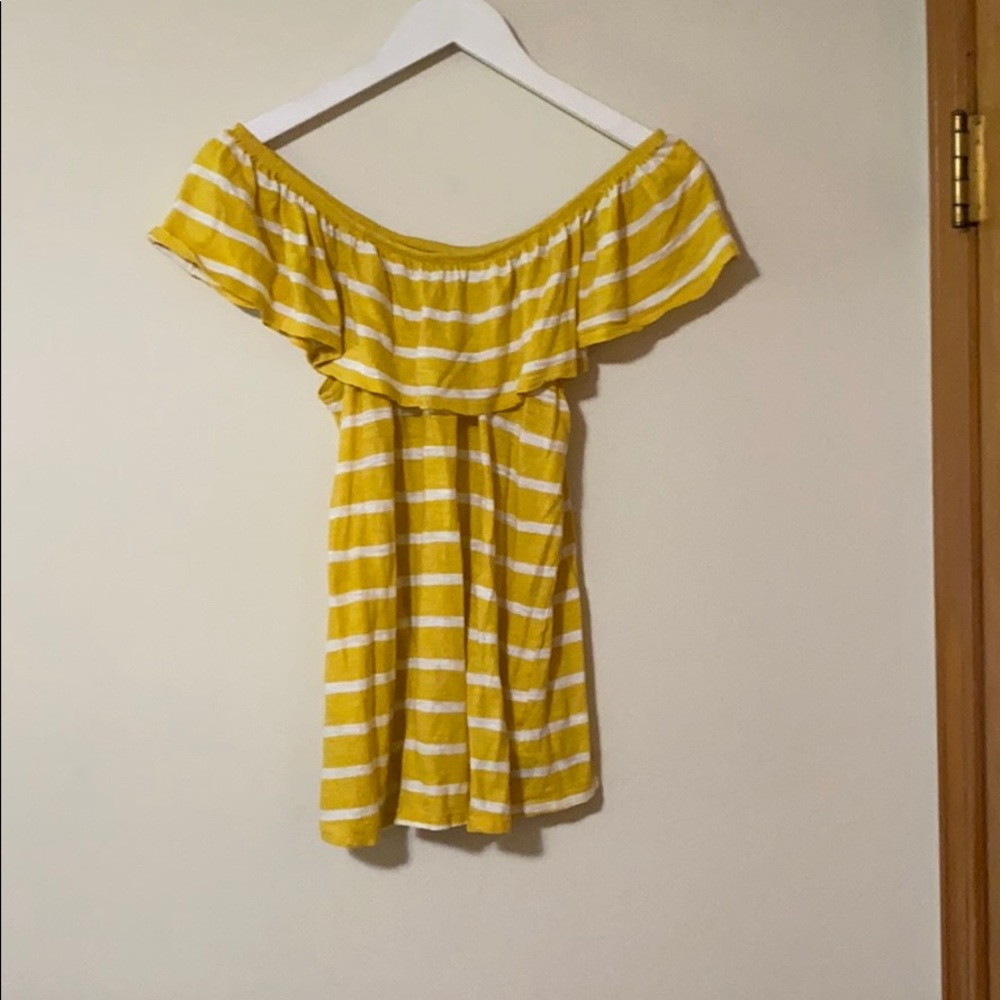 This yellow and white striped off the shoulder top